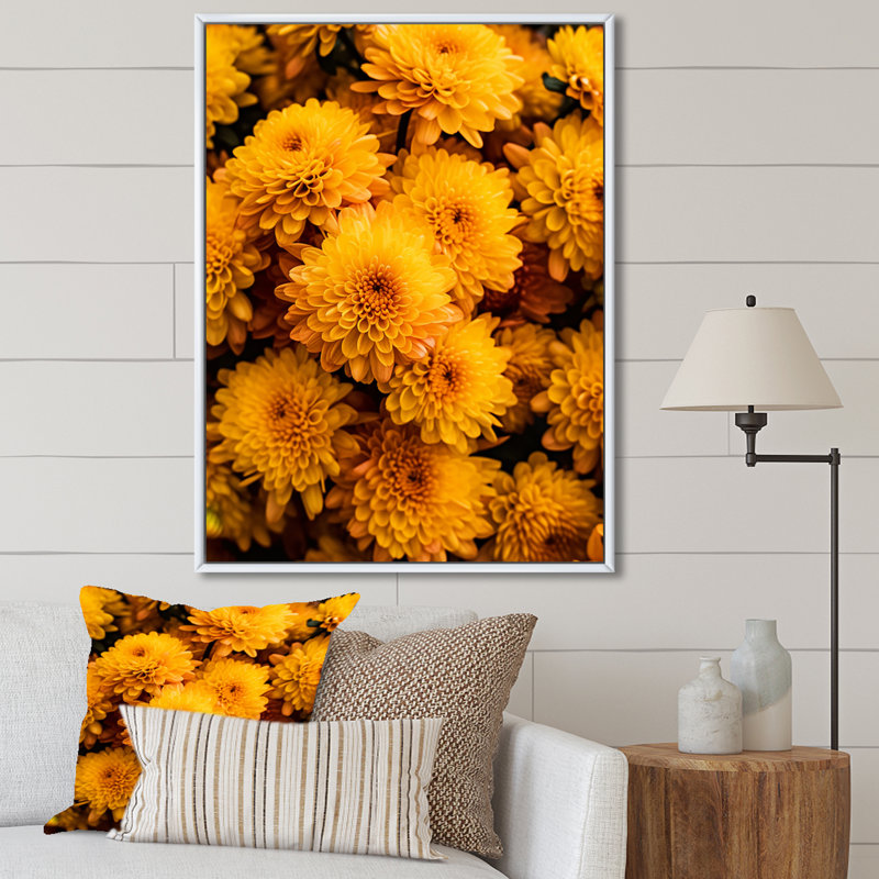 Décoration murale jaune champ de chrysanthèmes au lever du soleil II - Chrysanthèmes, H 32 po x l 16 po x P 1 po