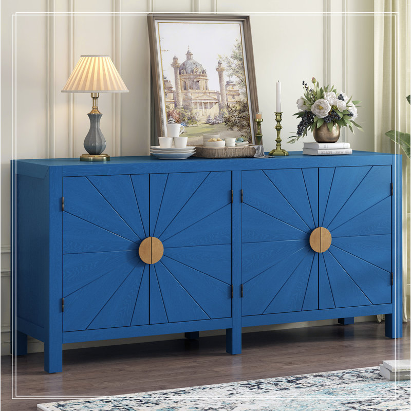 Unique Features of Ash Veneer Cabinet with Radiating Line Pattern Cabinet Doors, Navy Blue