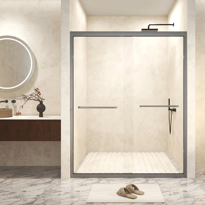 Tempered Glass With Explosion Proof Film, Aluminum Frame Double Sliding Shower Door, "1/4 (6 Mm), Stainless Steel Handle