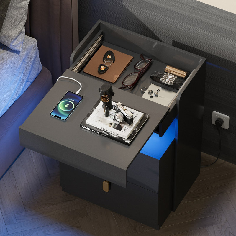 18.11'' LED Nighstand with 2 Drawers and USB & AC Outlets Charging, Wood Night Stand with Sliding Open Shelf Waterproof Top , Modern Bedside Table with Hidden Space for Bedroom, Living Room