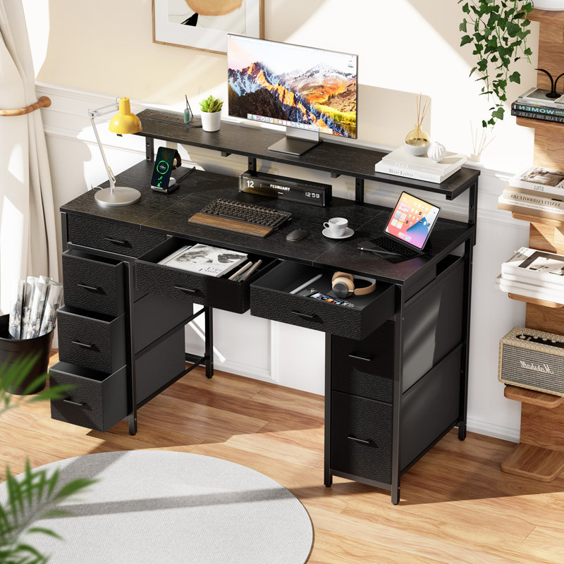 Metal Base Computer Desk with Power Outlet, Brown/Black