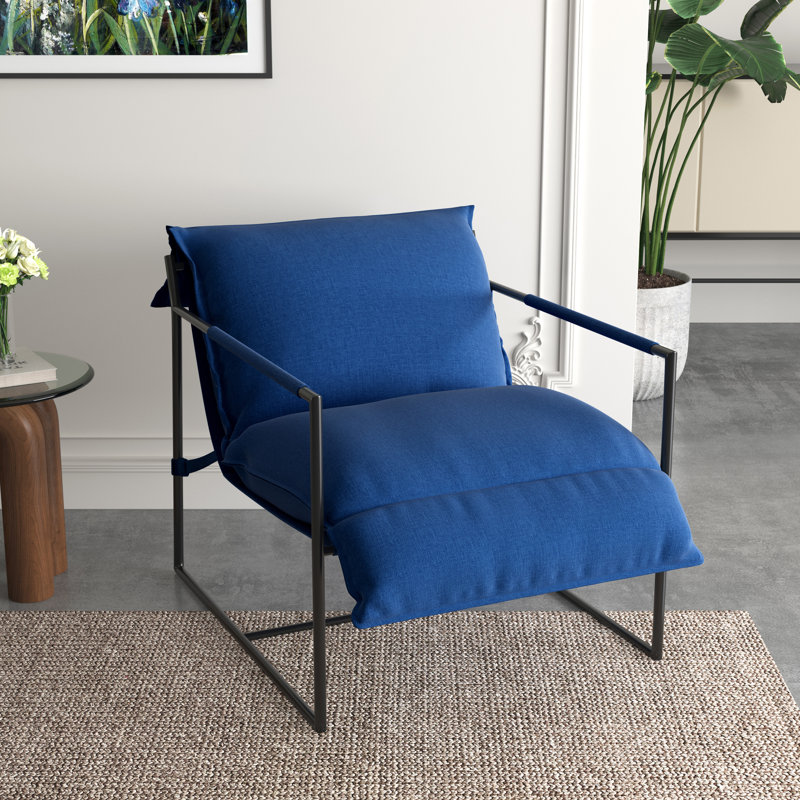 Upholstered Modern Metal Framed Blue Polyester Blend Sling Accent Chair, Blue Polyester Blend/Fabric