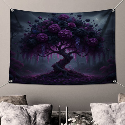 Moonlit Floral Tree Wall Tapestry - Fantasy Wall Decor