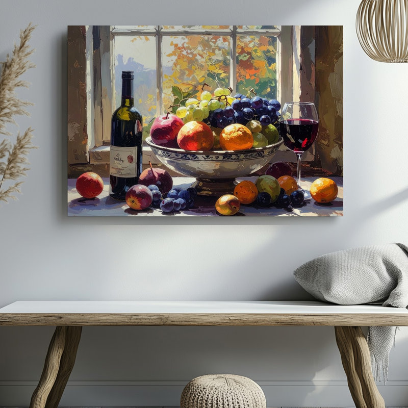 Toile, peinture à l'huile rustique sur toile avec fruits et vin, H 30 po x l 40 po