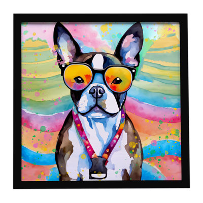 «Boston Terrier Hippie Dawg», reproduction d'art encadrée