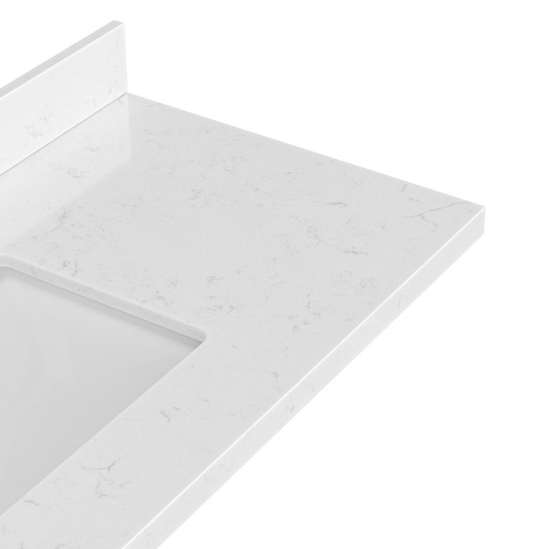 Ariel 36 Inch Carrara White Quartz Bathroom Vanity Countertop 1.5 Inch Thick Mitre Edge With Left Offset Rectangle Single Sink And Includes Backsplash