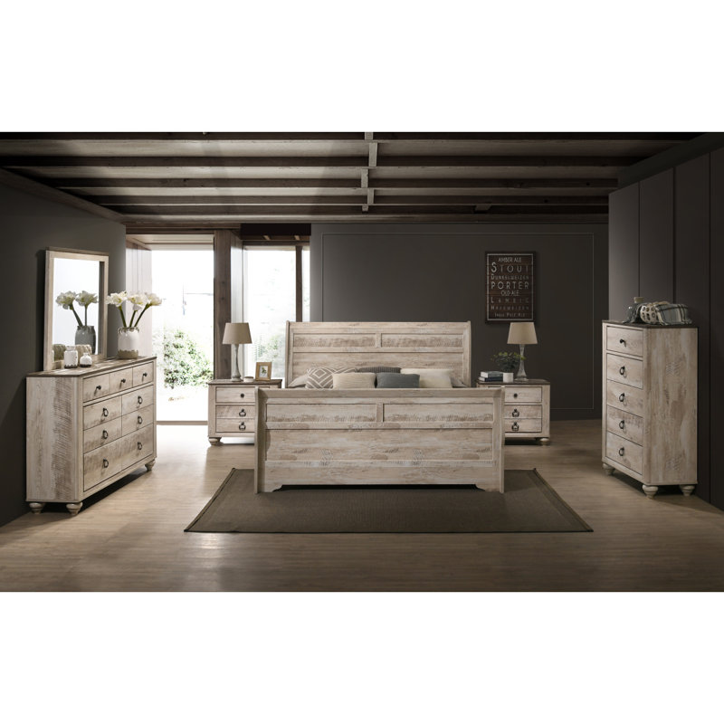 Ensemble de chambre à coucher contemporaine 6 pièces Imerland, lit, commode, miroir, 2 tables de chevet, commode