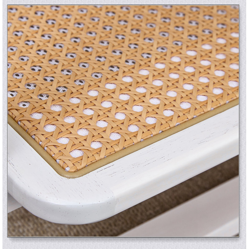 Table basse moderne en bois massif blanc minimaliste moderne. Plateau de table en verre, table en imitation rotin. Table rectangulaire convenant au salon, à la salle à manger et à la chambre à coucher 
