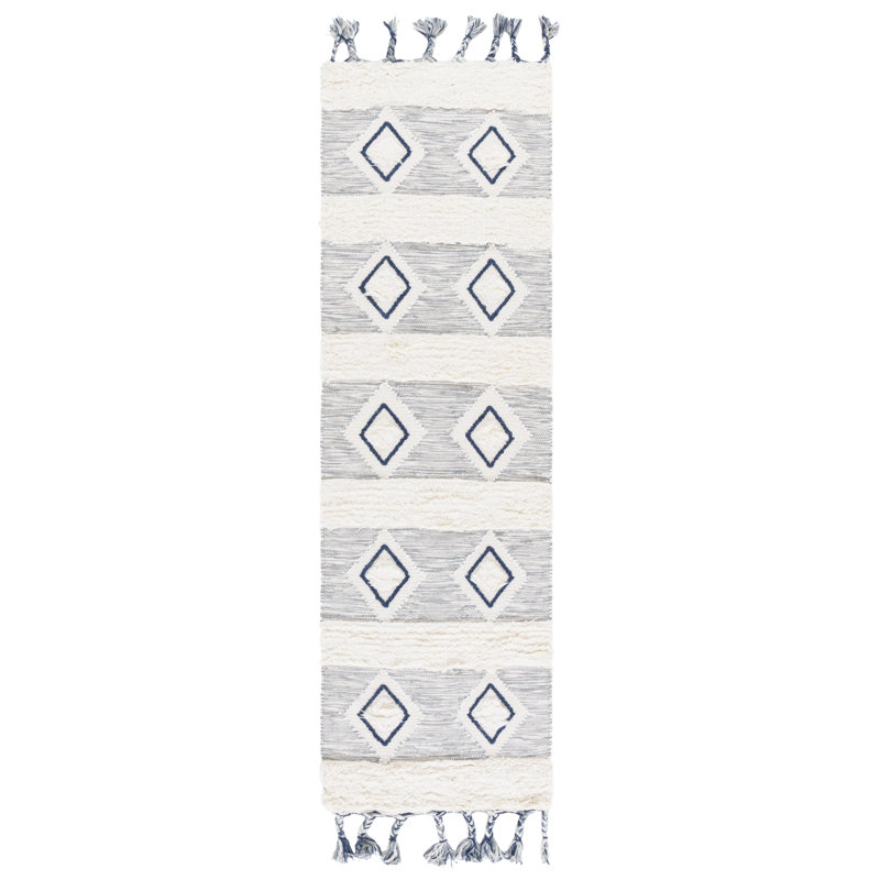 Geometric Handwoven Wool Ivory/Blue Area Rug, Runner 2'3" x 8'