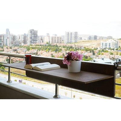 Balcony Bar Table for Railings, Outdoor Folding Deck Rail Table for Patio, Balcony Hanging Desk for Many Railings Compatible, Wooden Bar Serving Table for Porch Walnut, XL: 47.3 x 11.8 inches)