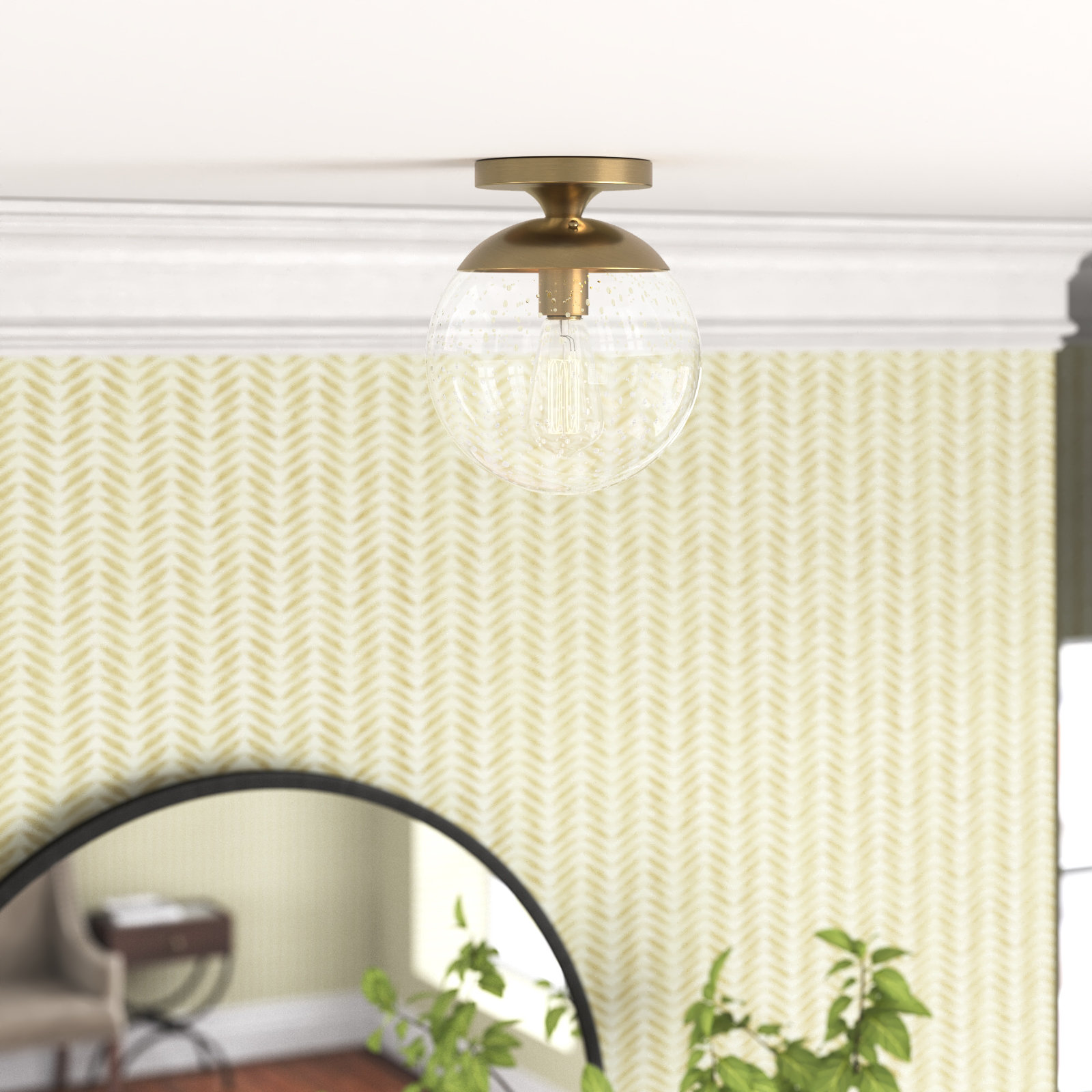 Meri Single Light Glass Semi Flush Mount, Clear, No, Satin Brass