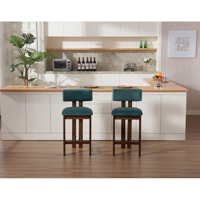 Francile Upholstered Stool with Solid Wood Frame, Bar Stool (30" Seat Height), Green