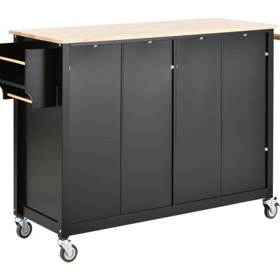 Solid Wood Top Kitchen Island Cart In Black Color, 4 Door Cabinet, 2 Drawers, Towel Rack & Stable Adjustable Lockable Mobile Transportable With Surface, Movable