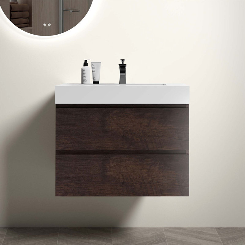 Meuble-lavabo mural avec tiroir Alice, Noyer, Blanc