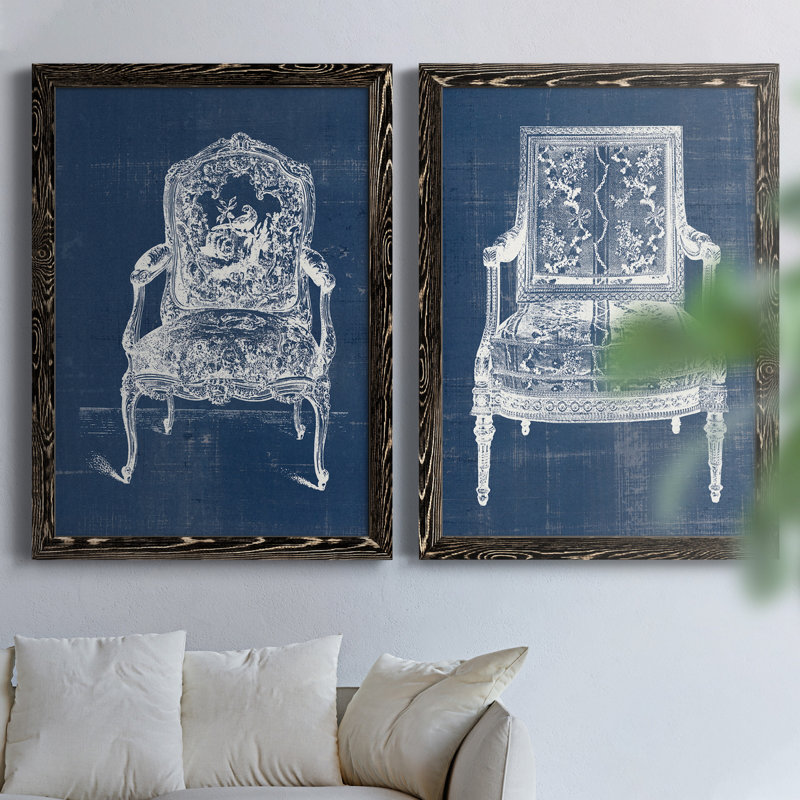 Antique Chair Blueprint V - ensemble de 2 impressions encadrées, H 31,5 po x l 43,5 po x P 1 po, Toile avec cadre noir