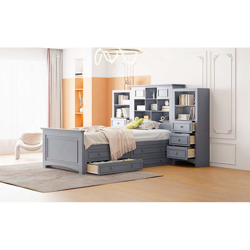 Lit plateforme en bois avec armoire verticale tout-en-un et 4 tiroirs de chaque côté