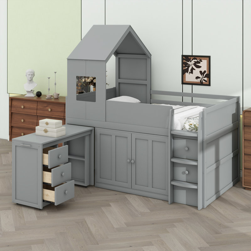 Modern High Sleeper Bed Featuring Built-in Workstation and Cabinet Organization, Grey