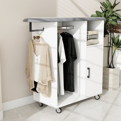 Compact Ironing Cart With Rolling Board, White E1 Multipurpose Cabinet For Kitchen And Cloakroom, Space - Saving Stylish Laundry Bedroom, Construction