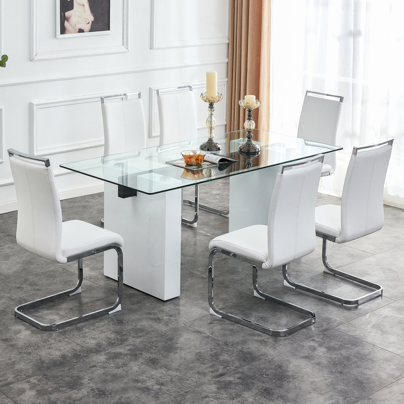 Ensemble de salle à manger en verre: table rectangulaire, pieds en MDF, 6 chaises en similicuir - élégance moderne pour des expériences culinaires élégantes
