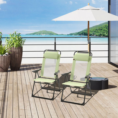 Ensemble de 2 chaises de patio pliantes, chaise longue d'extérieur à dossier réglable, chaise de camping avec appui-tête amovible pour le jardin, la cour et la pelouse