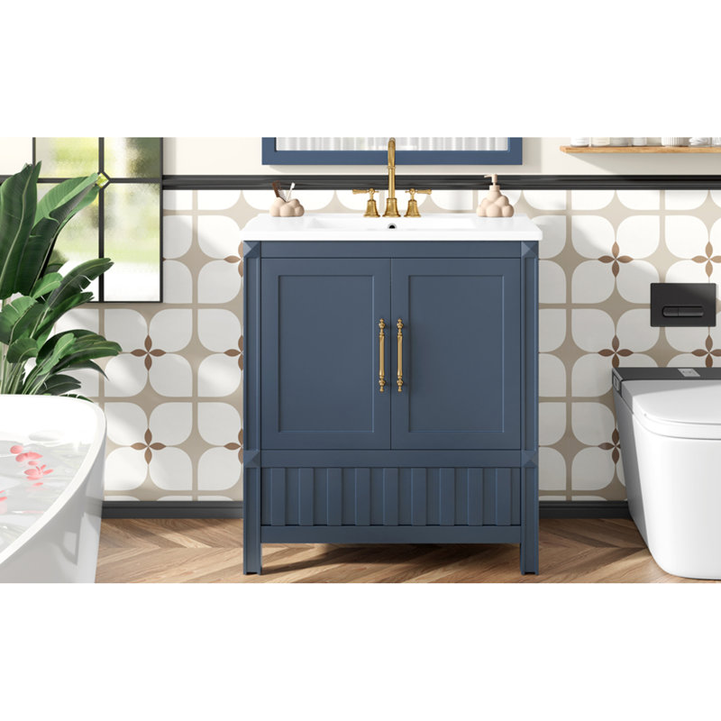 Meuble-lavabo bleu multifonctionnel avec lavabo, bois massif et bois aggloméré, parfait pour les salles de bain modernes