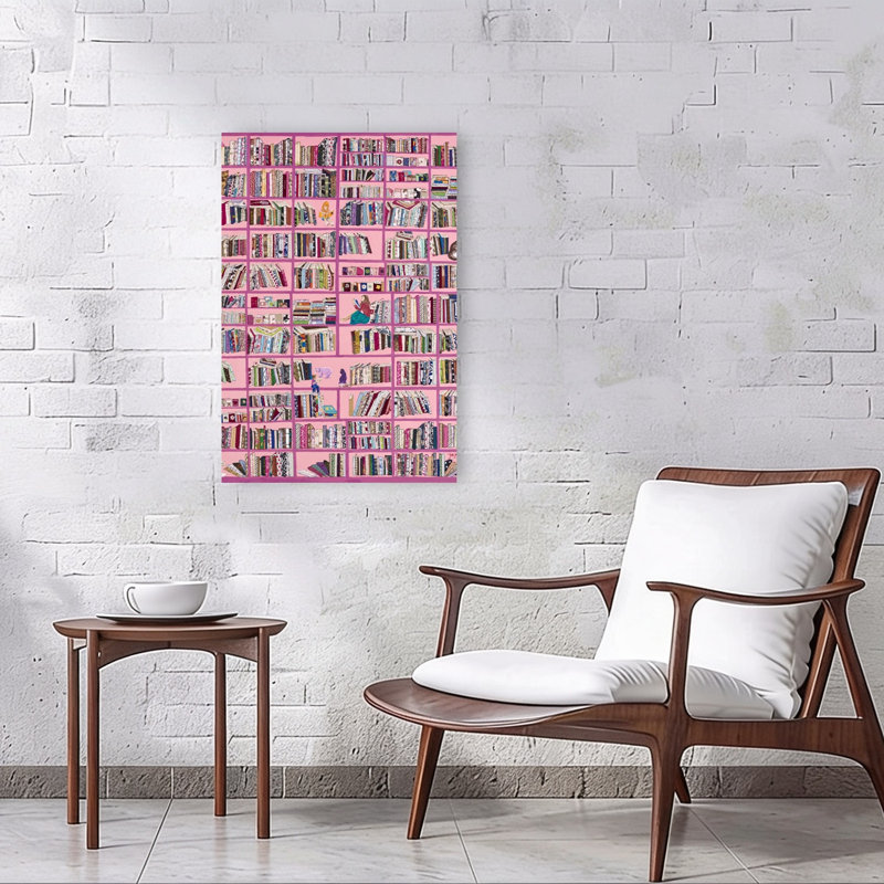 Cozy Pink Library Contemporary Cat Architecture Wall Art Print 1 Piece Wrapped Canvas Wall Art, 91.44cm H x 60.96cm W