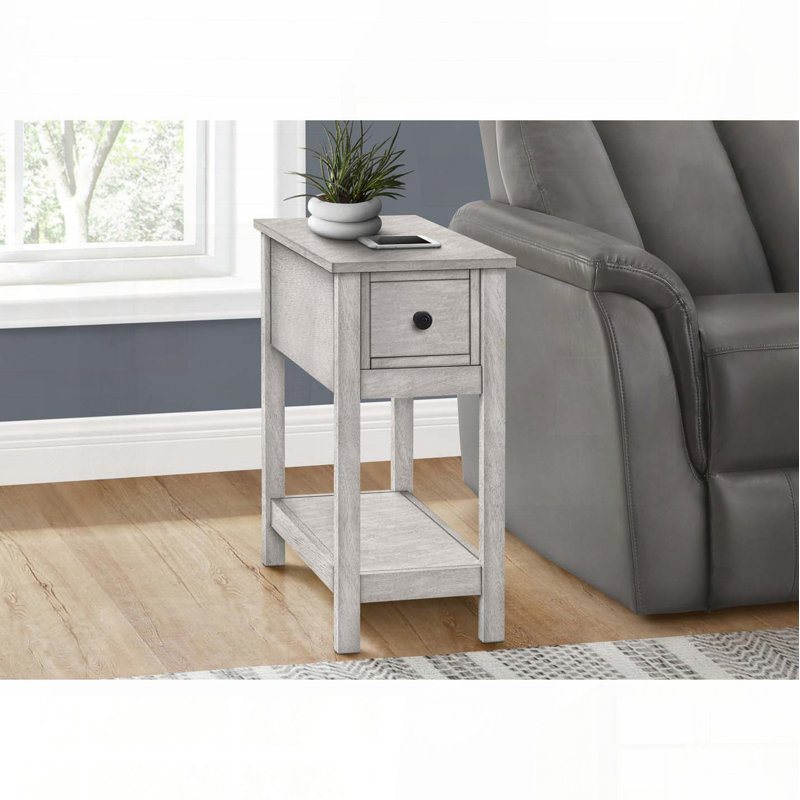 Table d'appoint étroite à deux niveaux avec tiroir et tablette en gris délavé