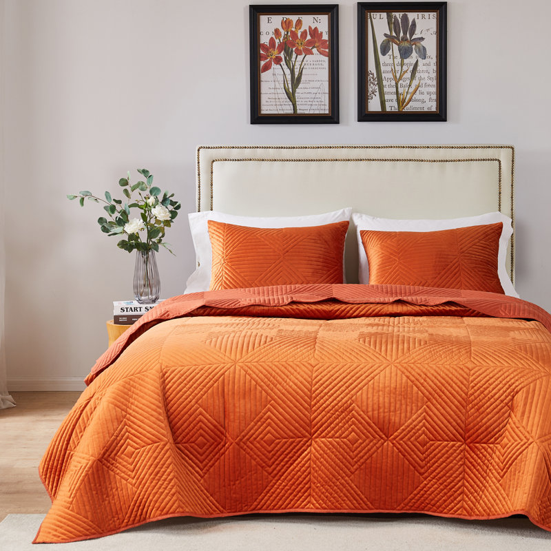 Burnt Orange Velvet Geometric Full/Queen Quilt Set