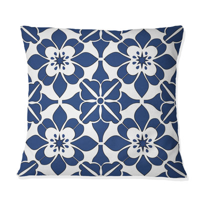 Blue White Timeless Floral Geo Tile I - Transitional Throw Pillow