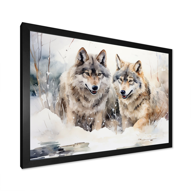 Forêt, loups dans un paysage d'hiver - loup, art mural, Cadre d'angle fermé noir, H 16 po x l 32 po x P 1 po