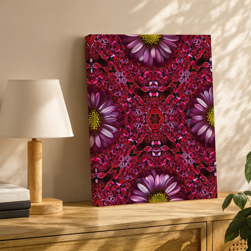 La toile crée un motif floral symétrique avec une marguerite centrale comme une fleur entourée de couches complexes d'art mural sur toile