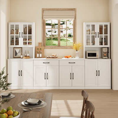  71"H x 94.5"W Farmhouse Wall Unit & Kitchen Pantry Combo,Wood Bookcase Storage Cabinet with Glass Doors,white