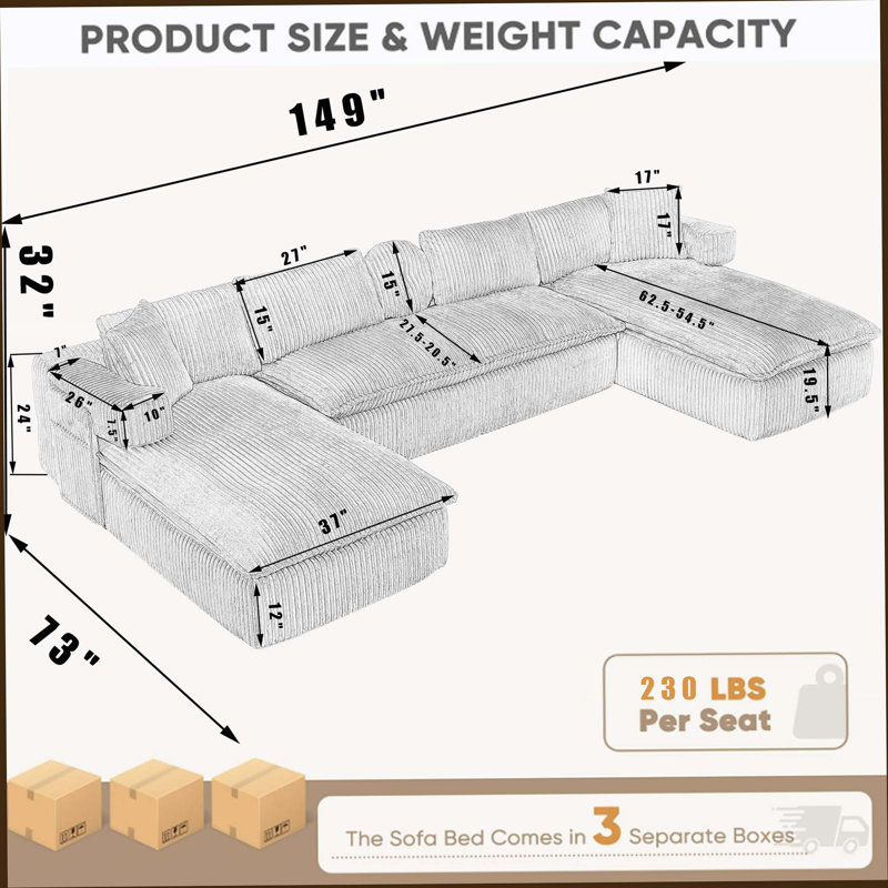 [Nouveauté] [Vidéo fournie] Canapé modulaire surdimensionné de 149 po, canapé en forme de U, siège profond, canapé modulaire 7-en-1, sans assemblage, poche latérale, accoudoirs de canapé mobiles, velours côtelé, dossier à 4 coussins, 6 sièges, gris foncé