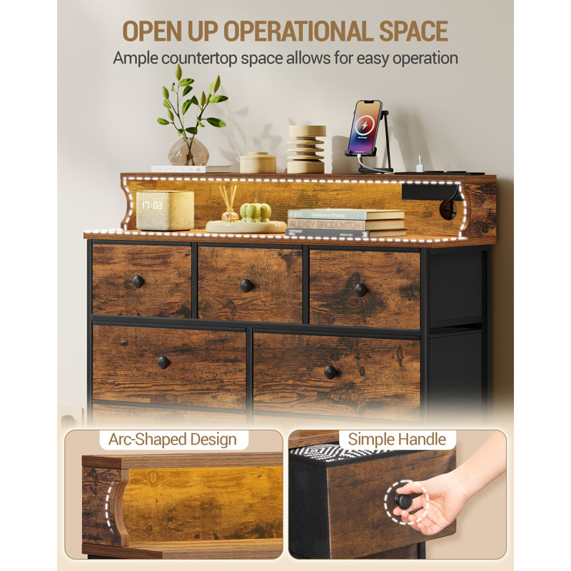 Chest of Drawers Bedroom, 9 Fabirc Chest of Drawers with 2 Sockets, 2 USB Ports and LED Strips, Bedroom Storage Drawers with Wood Top and Steel Frame for Bedroom Living Room