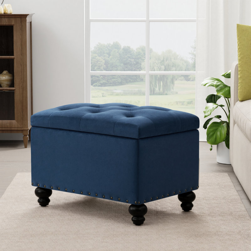 Repose-pieds rectangulaire avec rangement Dhiren, Velours bleu foncé