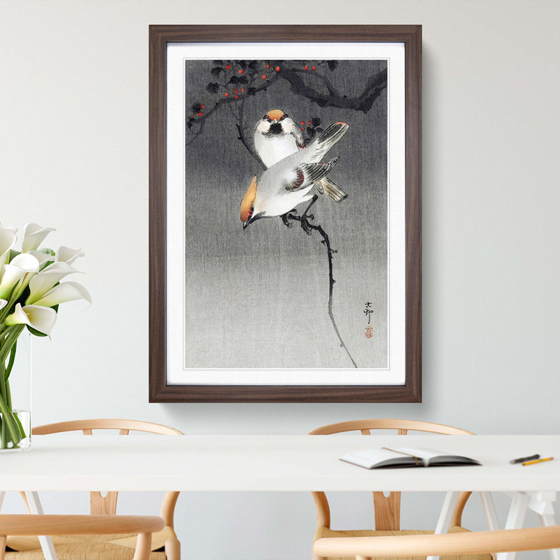Bohemian Waxwing Birds by Ohara Koson - Framed Print, 65cm H x 48cm W x 2cm D, Walnut Framed