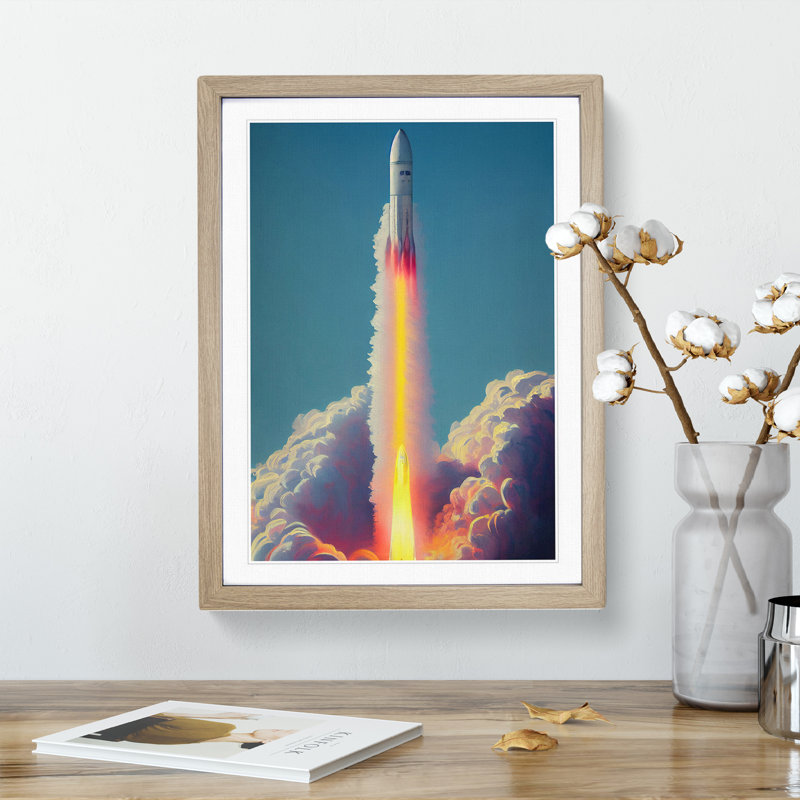 Enigmatic Spaceship Rocket - Single Picture Frame Print, 46cm H x 34cm W x 2cm D, Oak