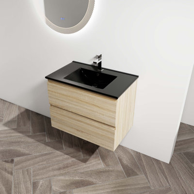 Wall-Mounted Bathroom Vanity With Black Ceramic Sink, 2-Soft Close Drawers