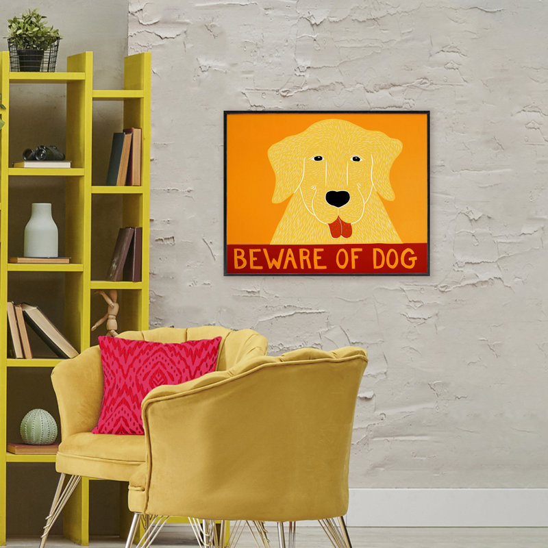«Beware Of Dog», estampe numérique jaune et rouge, design par Stephen Huneck, H 24 po x l 30 po, Giclée encadrée noir minuit
