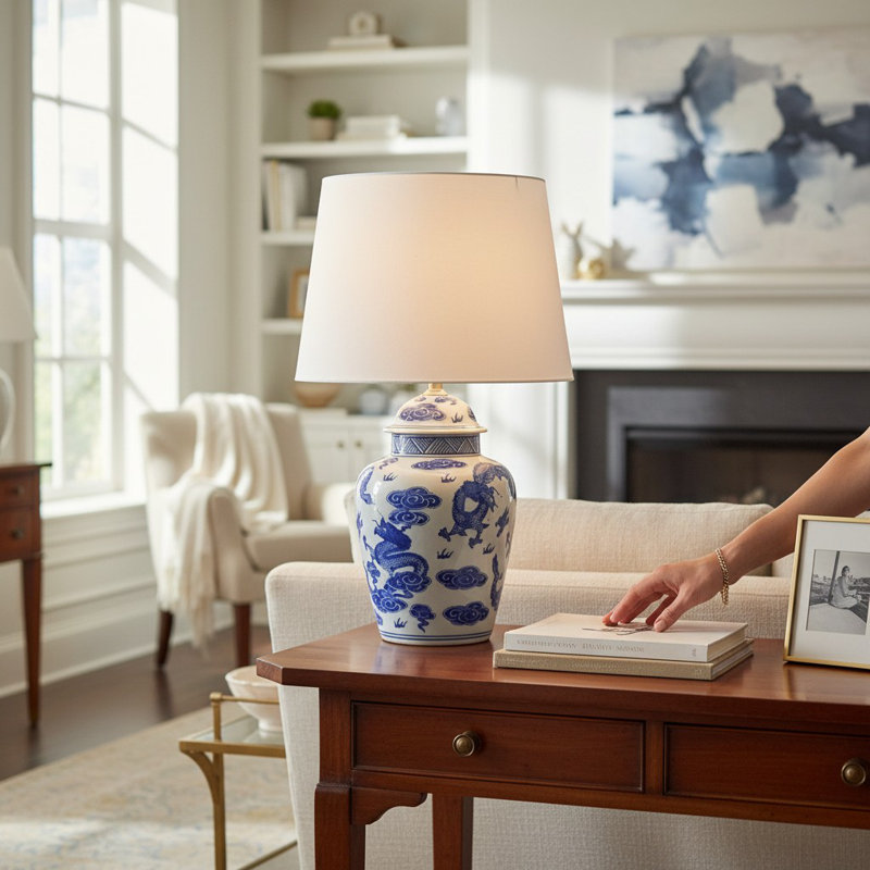Blue and White Floral Ceramic Table Lamp | Hand-Finished Decorative Accent Lamp Shade for Bedroom or Living Room