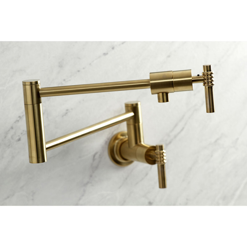Kingston Brass Manhattan Two-Handle 1-Hole Wall Mount Pot Filler Faucet, Brushed Brass, Lever Curly