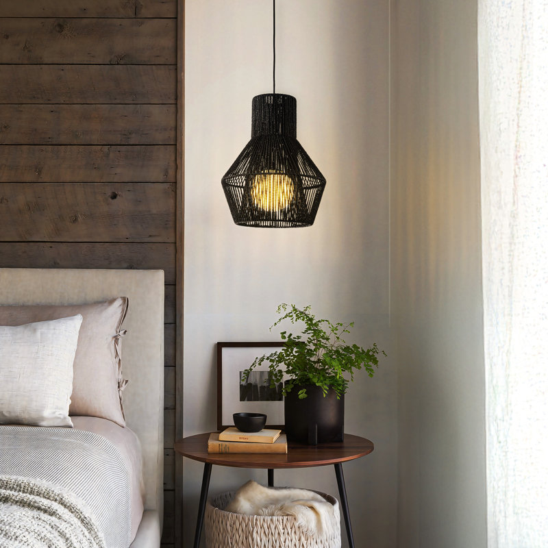 1-Light Modern Black Unique/Statement Hand-Woven Rattan Chandelier Bubble Trasitional Cylinder Medium Natura Pendant Light For Bedroom