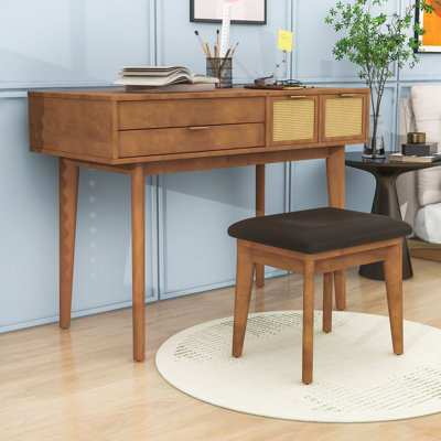 Ensemble de coiffeuse maquillage avec miroir rabattable, tabouret rembourré, tiroirs et détails en rotin