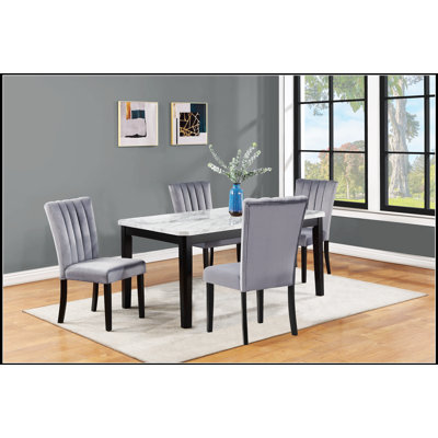 5-Piece Contemporary Dining Set With Faux Marble Table Top And Black Upholstered Chairs, Solid Wood Frame For Durability And Style