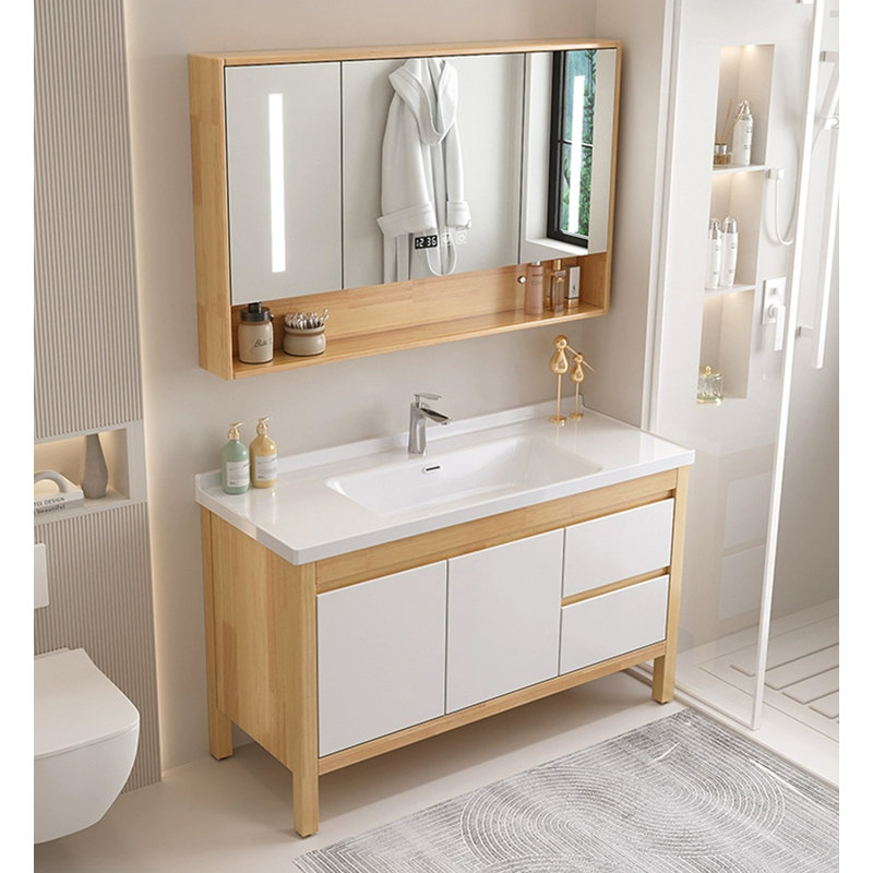 Meuble-lavabo en bois d'hévéa de style nordique avec lavabo en céramique intégré pour la salle de bain