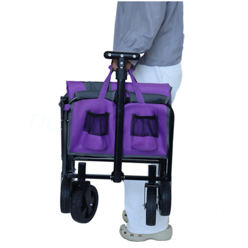 Chariot de camping pliable tout-en-un avec banquette, compartiment de rangement et attache pour chien, Mauve