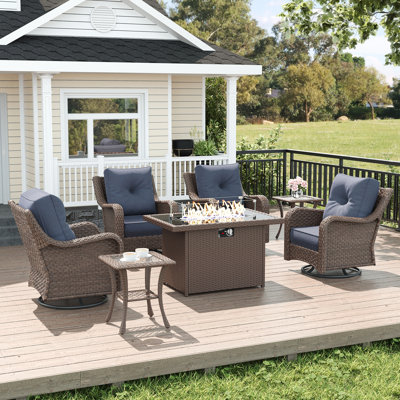  7 Piece Wicker Outdoor Furniture Set with 6-inch Comfy Cushions, High Back Patio Furniture Set with Swivel Rocking Chairs and Fire Pit Table