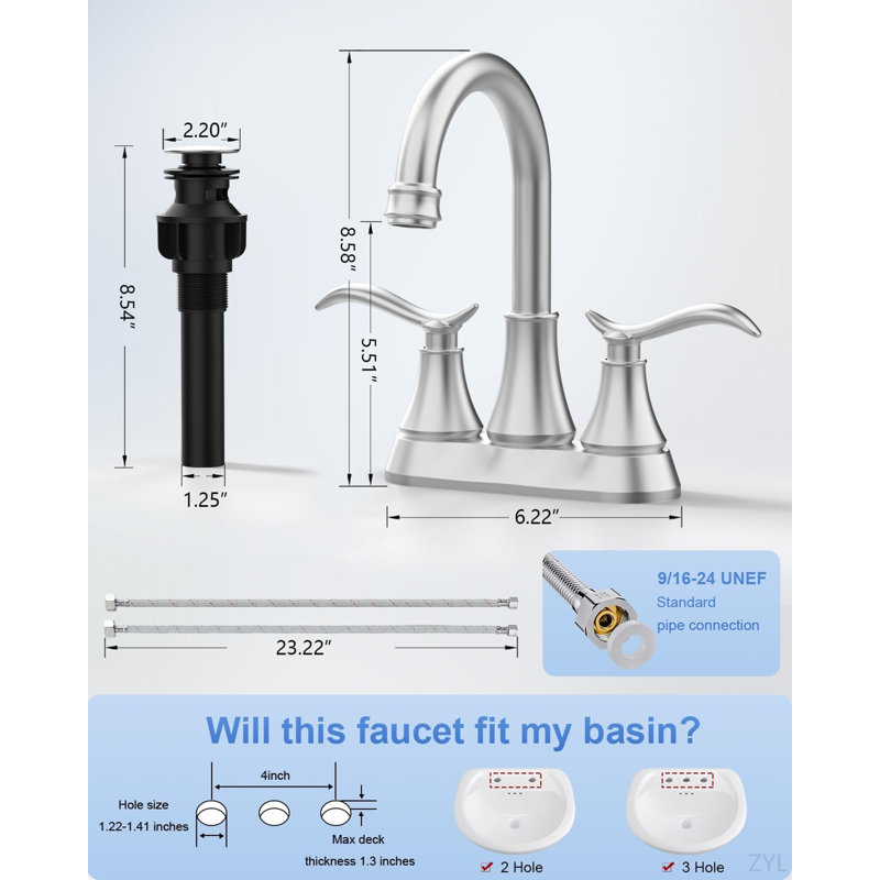 Bathroom Faucet With Pop-Up Drain & Supply Hoses 2-Handle 360 Degree High Arc Swivel Spout Centerset 4 Inch Vanity Sink Faucet