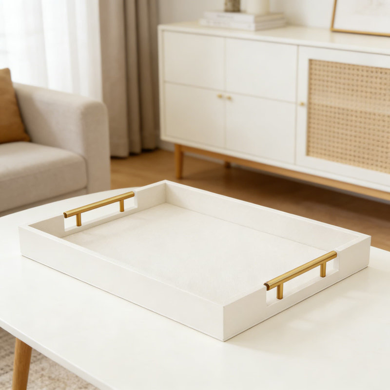 Large Rectangular Serving Tray With Gold Metal Handles, Decorative Ottoman Tray For Coffee Table, Vanity, And Home Decor