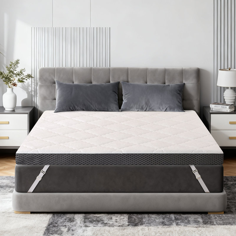3-Inch Mattress Topper With Quilted White Top, Breathable Grey Mesh Sides, Medium Firmness, Removable & Washable Cover, Queen